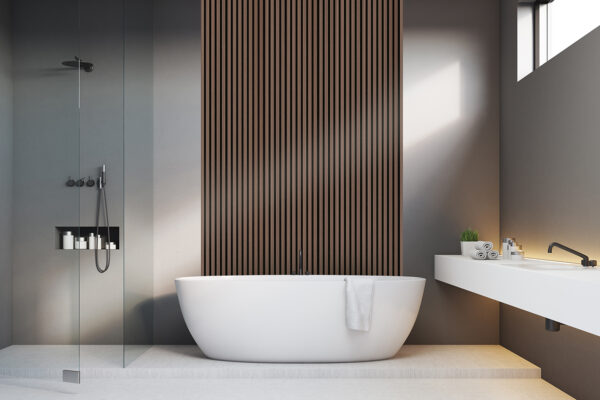 Luxury,Bathroom,Interior,With,Gray,Walls,And,A,Shower.,There Quanti Acoustic Panels